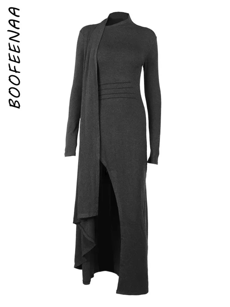BOOFEENAA Asymmetrical Knit Long Dresses for Women Winter Fashion Kendall Outfits Gray Black Sexy Long Sleeve Slit DressC66-EH60 LUXLIFE BRANDS