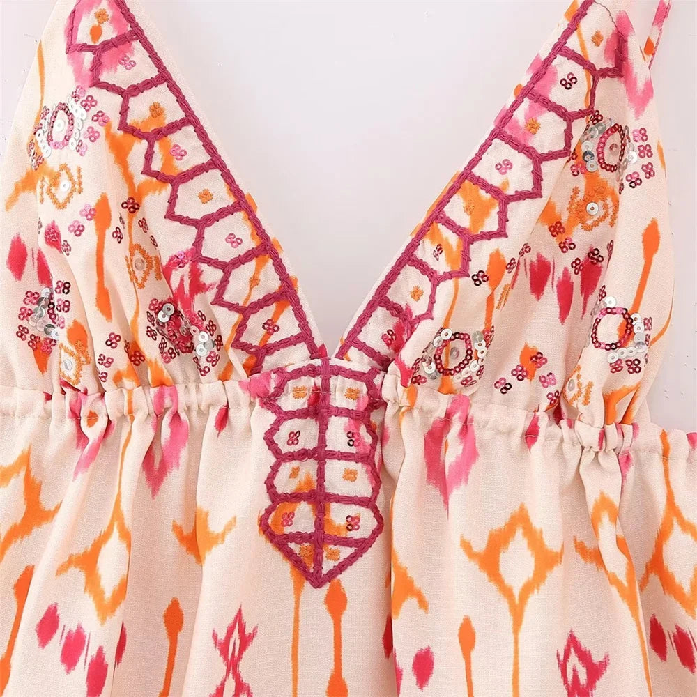 UNIZERA2023 Autumn New Women's Fashion Versatile Sexy V-Neck Sleeveless Embroidery Beaded Print Short Top LUXLIFE BRANDS