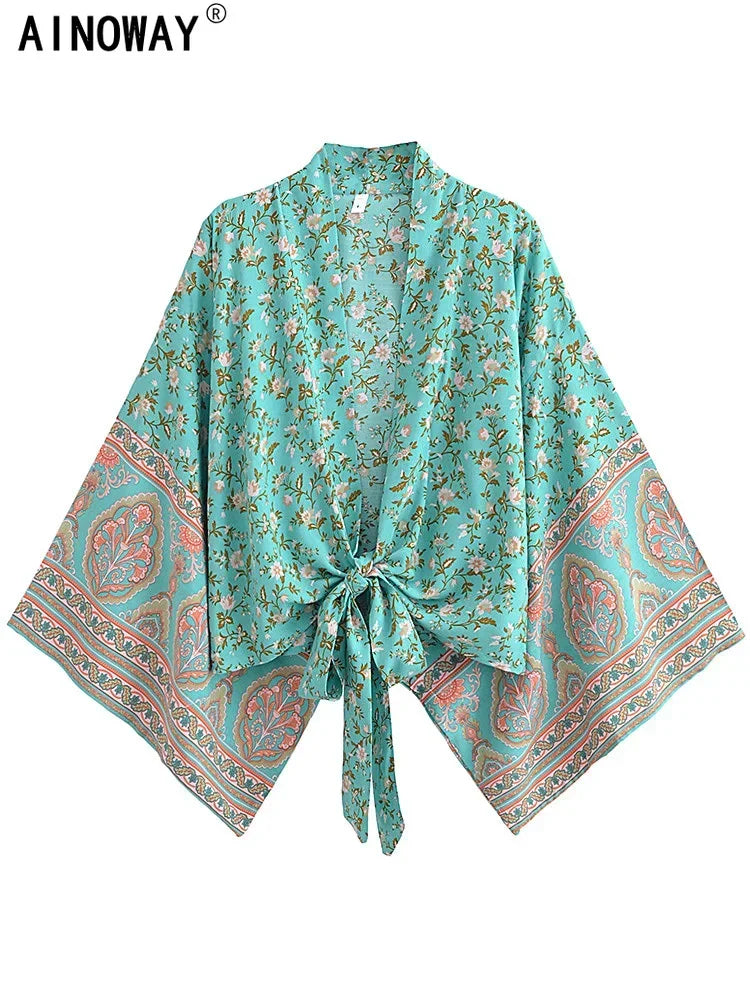 Vintage Boho Kimono Short Robe Bikini Cover Up