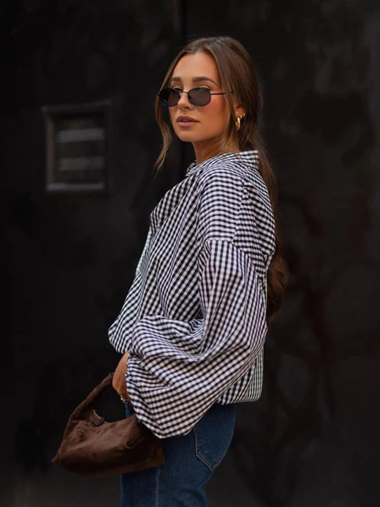 Aynaray 2023 Autumn Winter Women Office Oversized Plaid Shirt Black Loose Fit Long Sleeve Blouse Female