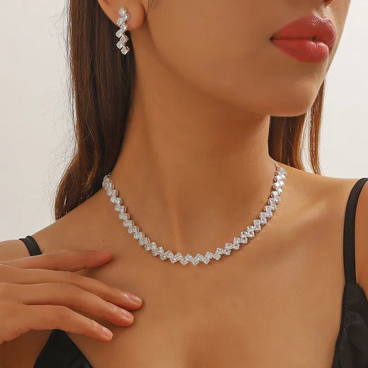 FYUAN Luxury Geometric Zircon Necklace Earrings Women Crystal Earrings for Wedding Bride Jewelry Sets Accessories LUXLIFE BRANDS