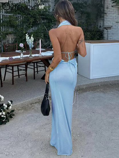 Prestine Backless Halter Maxi Dress