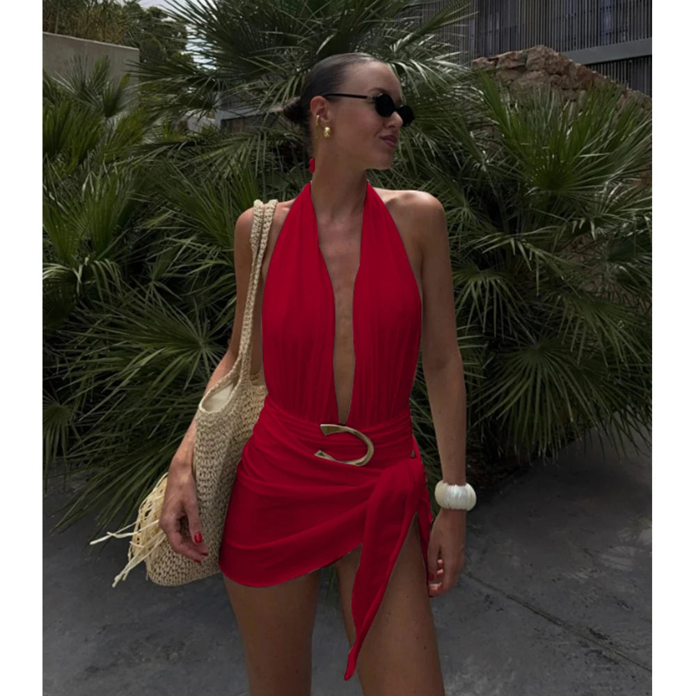 Two Pieces Micro Bikini 2025 Sexy Swimsuit Women Halter Swimwear Biquini Female Solid Bodysuit Bathing Suits Sarong Mini Skirt Luxlife Brands