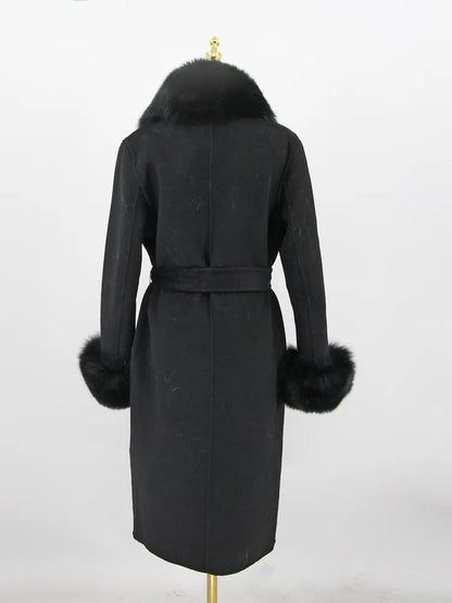 2023 New Arriva High Quality Cashmere Women Jacket With Bigger Real Fox Fur Collar And Cuffs