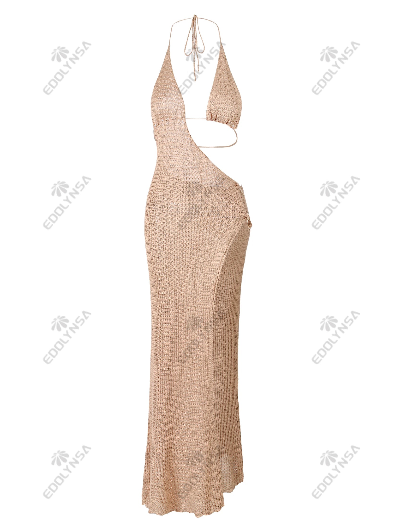Sexy Slim Low-cut Tie Knit Halter Cut Out Circle Decoration High Slit Beach Maxi Dress 2025 Women Summer Swimsuit Cover Up K88 Luxlife Brands