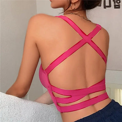 Women Seamless Sexy Cross-back Hollow Out Knitted Camisole Summer Sports Cropped Padded Tanks Push Up Bra Tops Lingerie Bralette