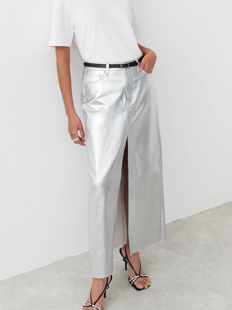 Silver High Waist Pencil Maxi Skirt