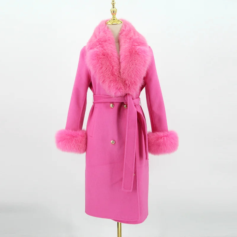 2023 New Arriva High Quality Cashmere Women Jacket With Bigger Real Fox Fur Collar And Cuffs