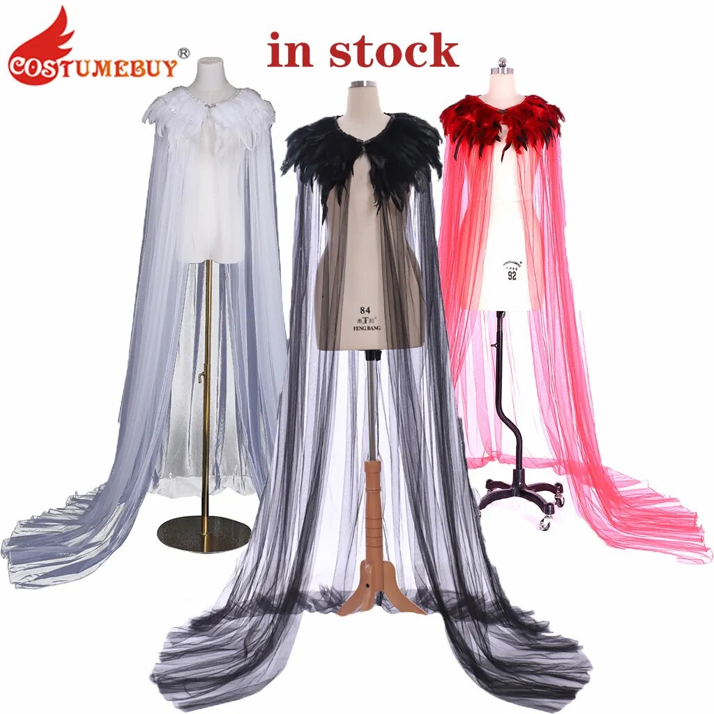 CostumeBuy Gothic Halloween Cloak Super Villain Cape Women Renaissance Steampunk Feather Collar Witch Cape For Adult LUXLIFE BRANDS