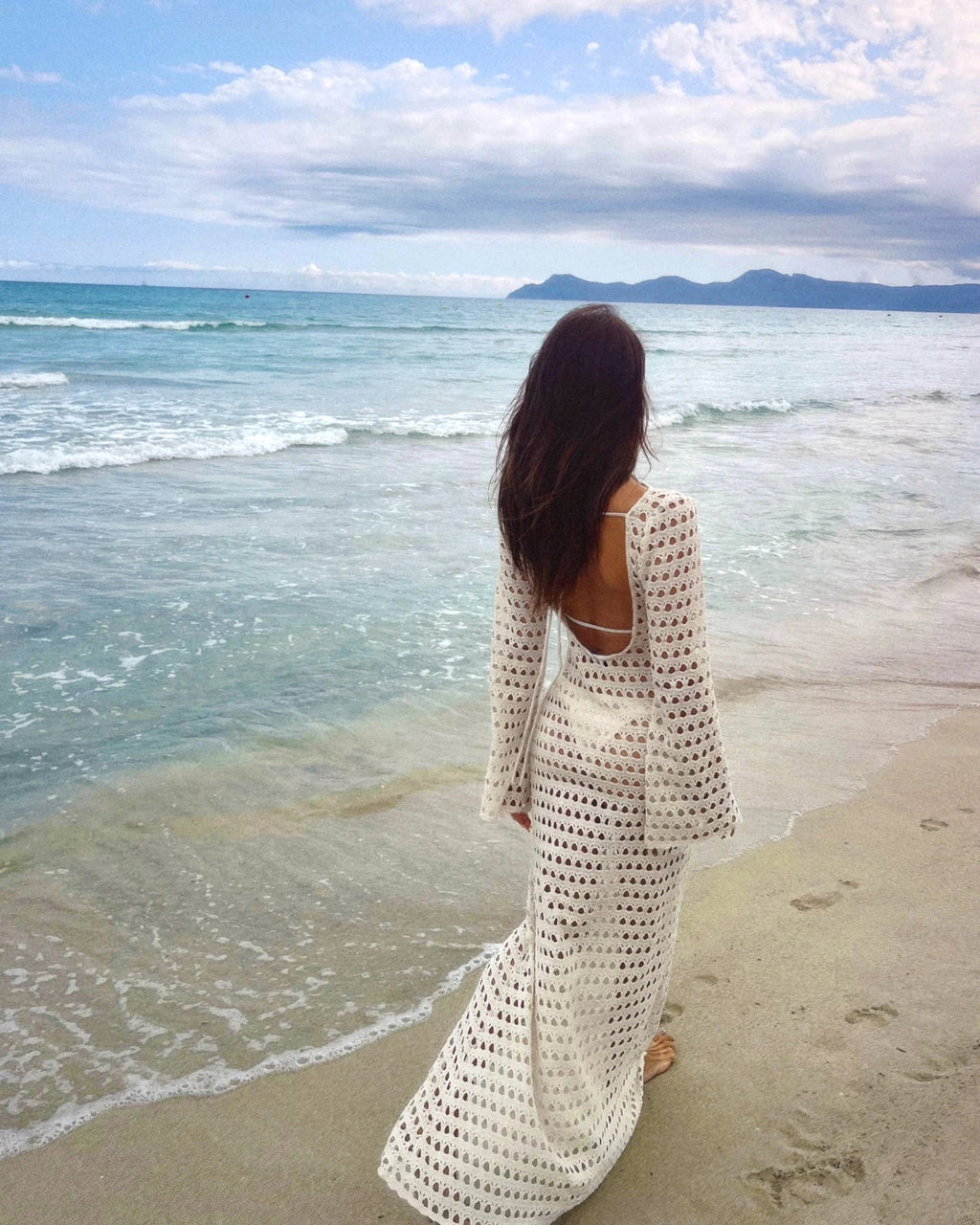 Sexy Knit Mesh Backless Long Bell Sleeve Beach Maxi Dress 2025 Women's Summer Slim Outfits Vacation Swimsuit Cover Up Tunic K205 Luxlife Brands