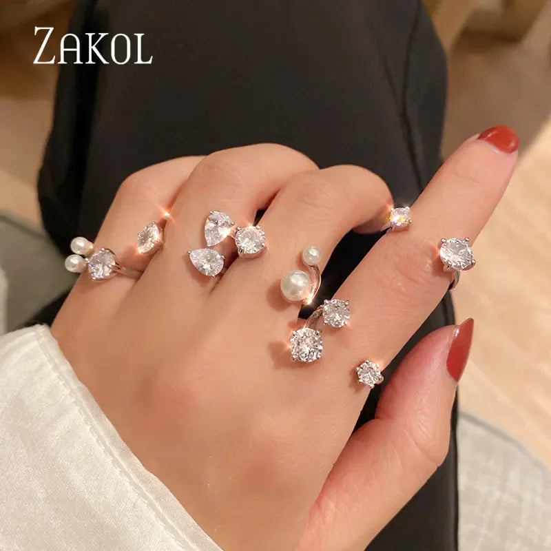 ZAKOL Korea Shiny Cubic Zircon Leaf Shape Open Rings for Women Fashion Geometry Crystal Finger Ring Anillos for Party Jewelry LUXLIFE BRANDS