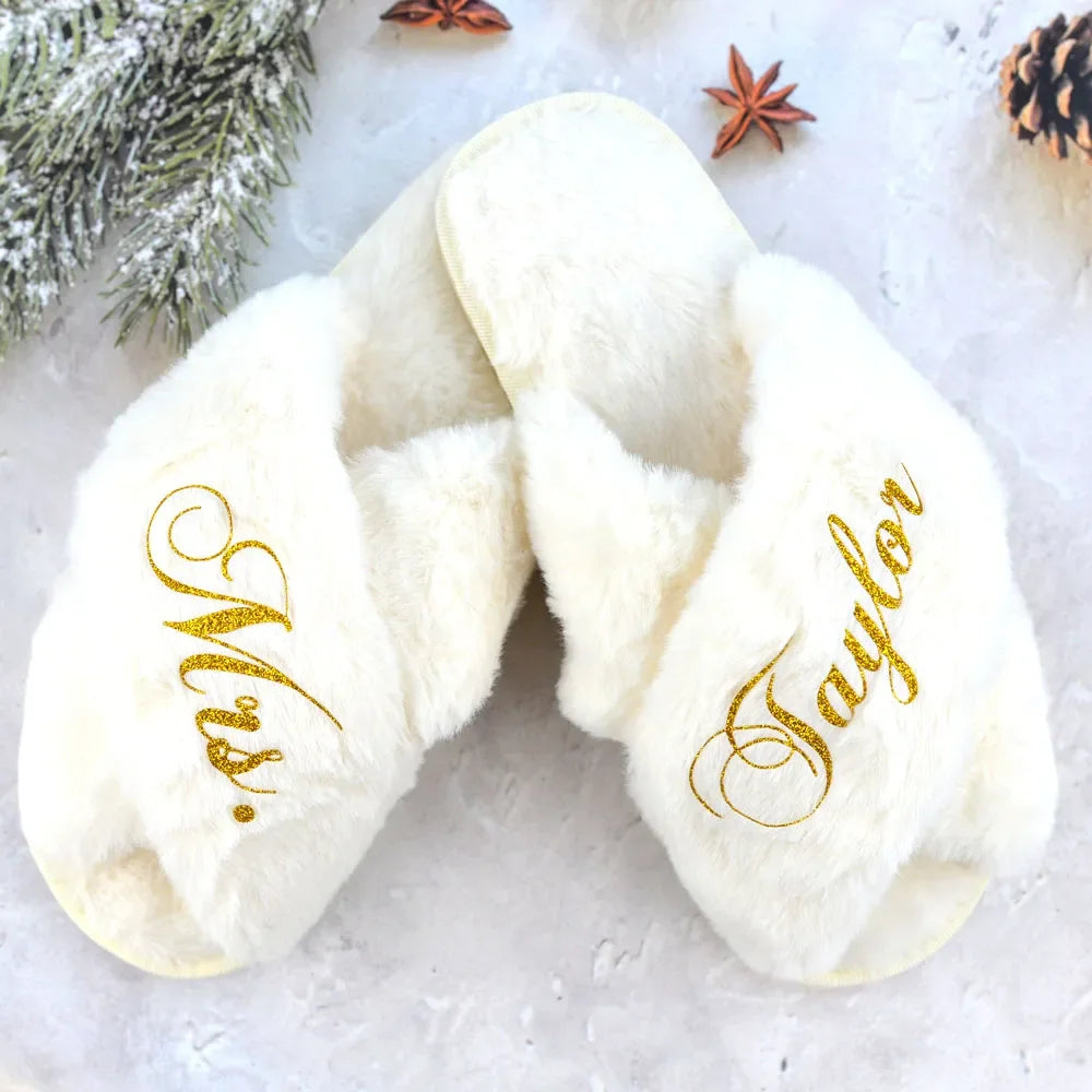 Custom Bridesmaid Fluffy Plush Open Toe Slippers Personalized Wedding Cross Flat Slippers for Women Ladies Indoor Shoes Fashion LUXLIFE BRANDS