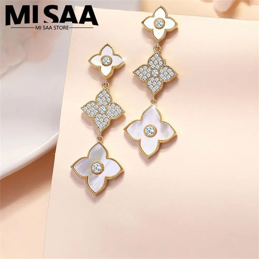 Clover Gold Earrings Repeated Use Earring Rhombus Sanhua Clover Gold Stud Earrings Beautiful Color Popular Accessories Long LUXLIFE BRANDS