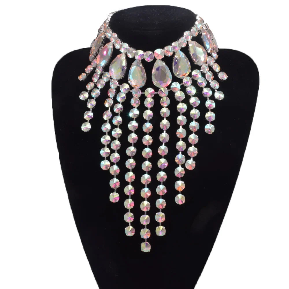 Rhinestone Glass Crystal & AB Drop Tassel Choker Necklace
