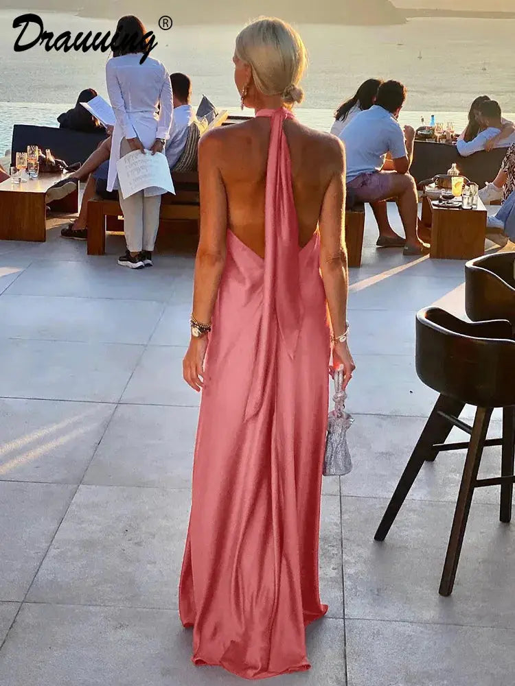 Drauuing Party Long Dress Loose Backless Sleeveless Summer Long Dress A Line Laceup Halter Neck Sexy Silk Dresses Women Solid - LUXLIFE BRANDS