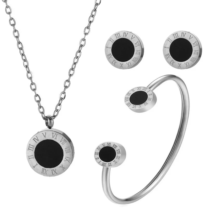 Stainless Steel Roman Number Jewelry Set For Women Black Shell Inlays, Colorfast & Stylish - Includes Bracelet, Necklace Earring Luxlife Brands