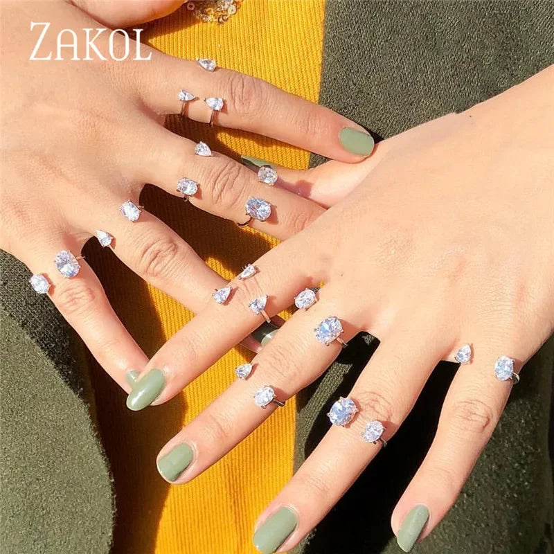 ZAKOL Korea Shiny Cubic Zircon Leaf Shape Open Rings for Women Fashion Geometry Crystal Finger Ring Anillos for Party Jewelry LUXLIFE BRANDS