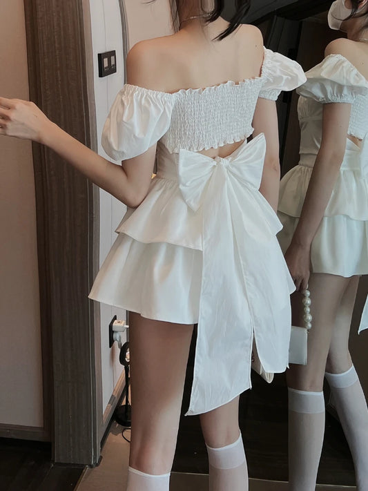 2022 White Sexy Backless Mini Dress Women Korean Fashion Casual Elegant Party Dress Female Ruffle Kawaii Lolita Party Y2k Dress