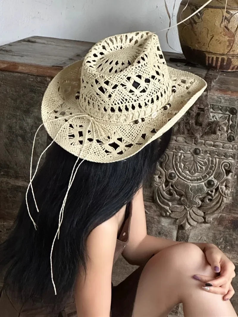 Summer with Shell Beach Hat Women Western Cowboy Hat Wide Brim Sunscreen Sun Hats for Outdoor Breathable Hand-Woven Straw Panama