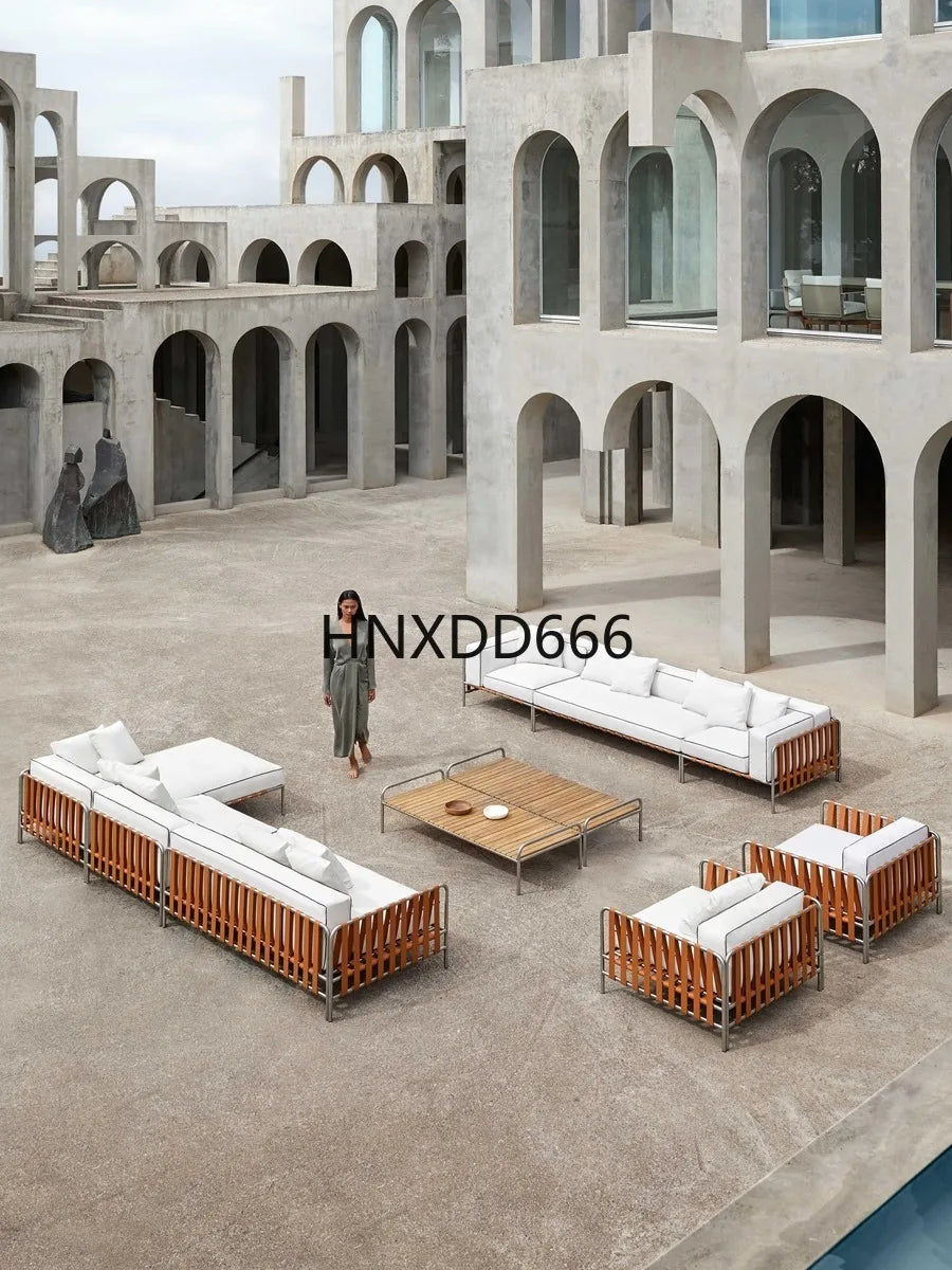 Outdoor stainless steel sofa rattan courtyard villa rain and sun coffee table combination