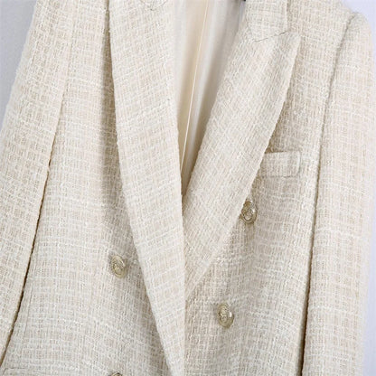 Women’s Double Breasted Button Up Beige Tweed Blazer LUXLIFE BRANDS