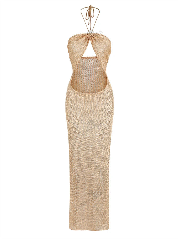 Sexy Knit Halter Neck Cut Out Beach Maxi Dress 2025 Summer Swimsuit Cover Up Women's Solid Colour Vacation Party Outfit K232 Luxlife Brands