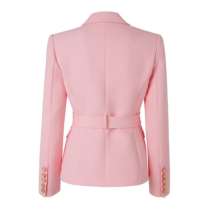 Amazing Design Workwear Office Lady Luxury OL Quality Pockets Blazer With Belt Baby Pink Formal Jacket For Women