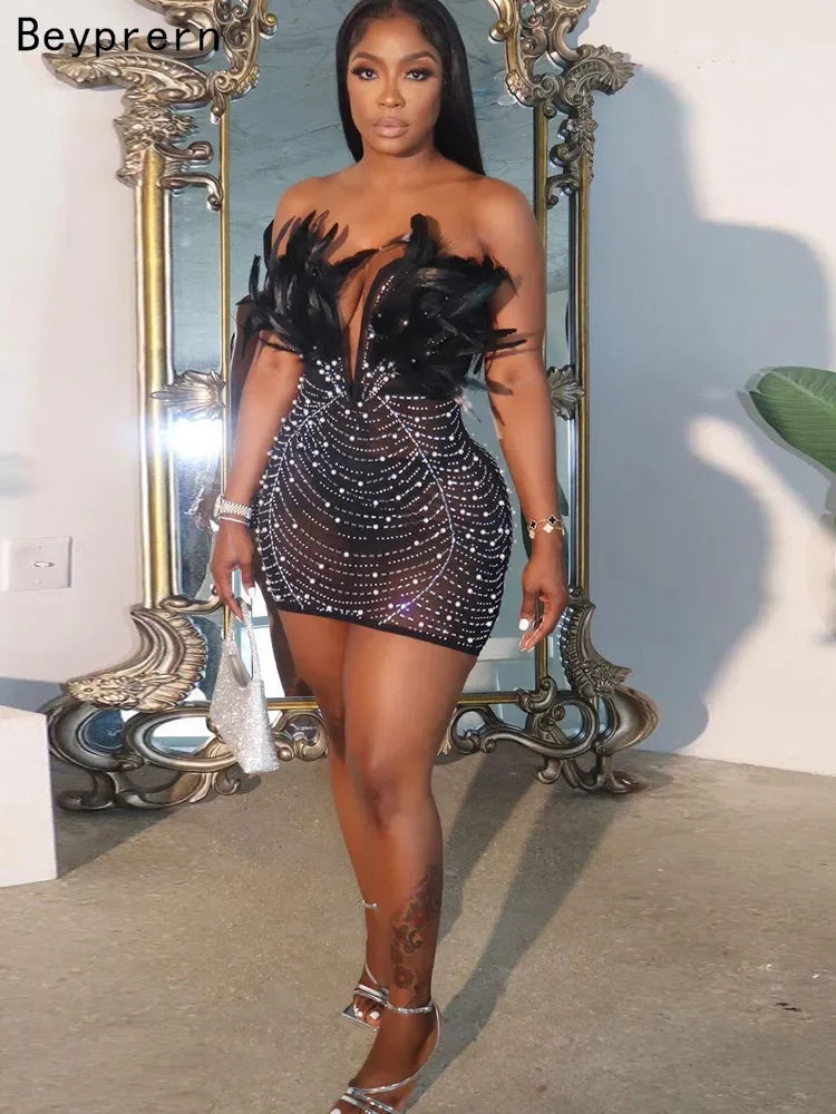 Beyprern Luxury Pearls Rhinestone Woman Evening Dress Gorgeous Feather Patchwork Dimonds Party Dress Birthday Outfits Clubwear LUXLIFE BRANDS