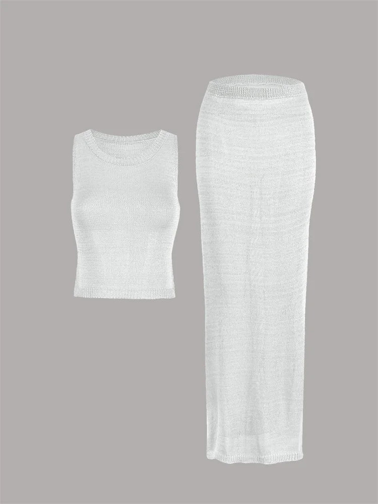 Women Sexy Knit See-through Shiny Top Half Long Skirt Set 2025 Summer Beachwear Swimsuit Cover Up 2 Piece Party Club Outfit K68 Luxlife Brands