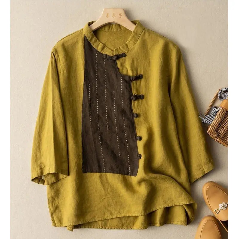 Vintage Ethnic Style Patchwork Loose Cotton Linen Shirt for Women Simple Three Quarter Sleeve Ladies Blouses Tops Clothes 2023
