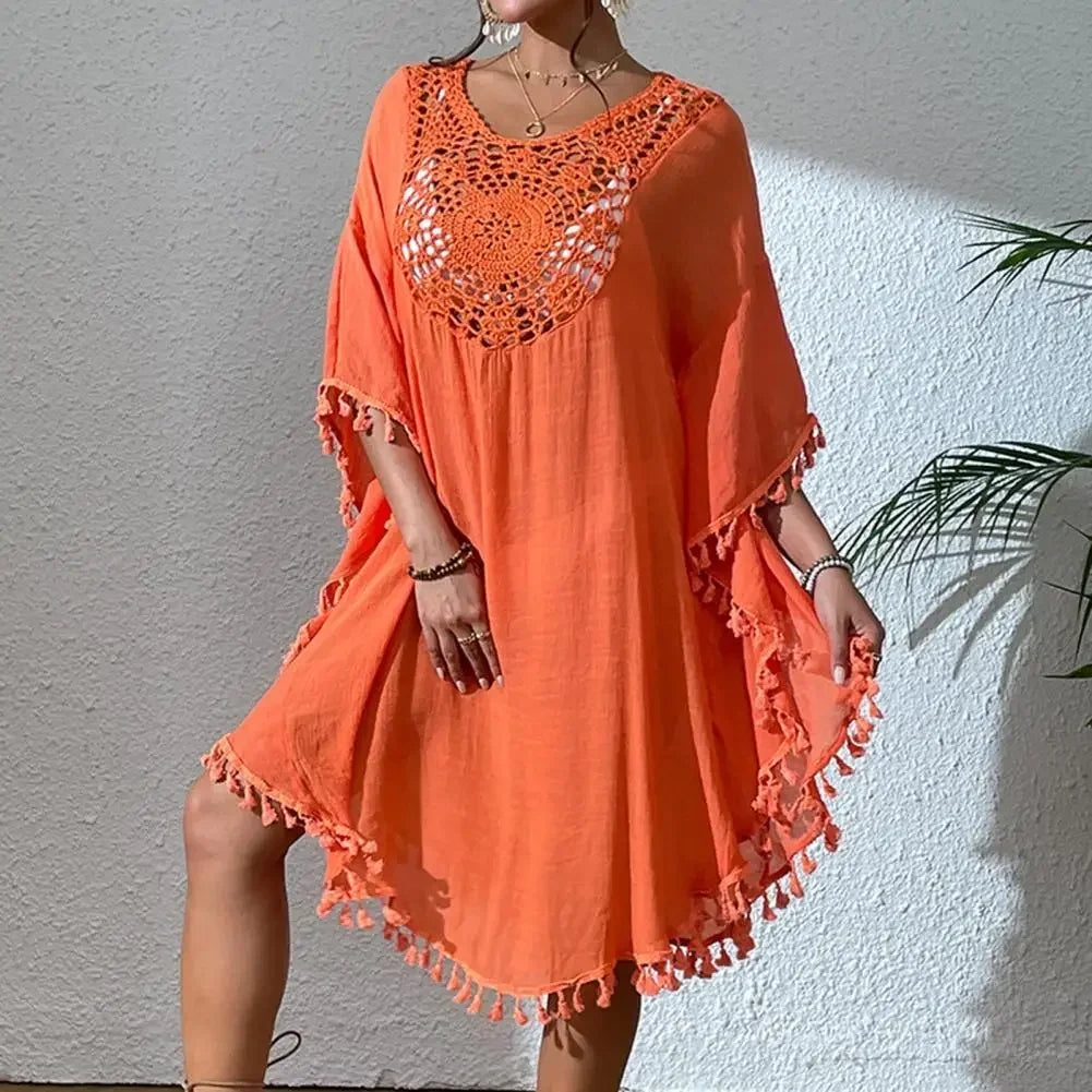 Fringed Bikini Cover Up Comfortable Loose Fit Blouse Stylish Fringed Beach Cover Up Dress for Women O-neck Half Sleeve Swimsuit LUXLIFE BRANDS
