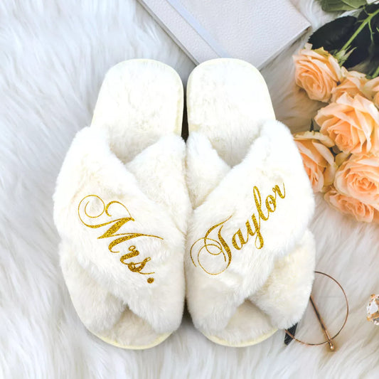 Custom Bridesmaid Fluffy Plush Open Toe Slippers Personalized Wedding Cross Flat Slippers for Women Ladies Indoor Shoes Fashion LUXLIFE BRANDS