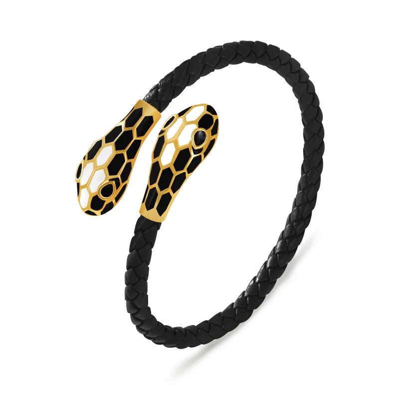 Double Snake Head Cuff Bangles Braided Leather
