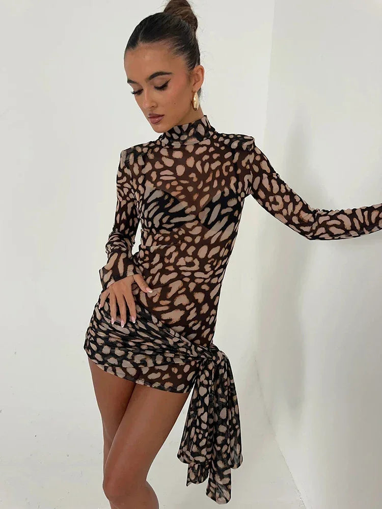 Fantoye Turtleneck Sexy Sheer Print Leopard Bandage Women Dress Long Sleeve Mini Dress Lady Spring Slim Elegant Party Club Dress Luxlife Brands