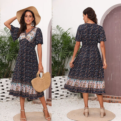 TEELYNN Casual Short Sleeve Maxi Dress for Women Summer 2022 Vintage Deep V Floral Print Dresses Beach Wear Loose Vestidos