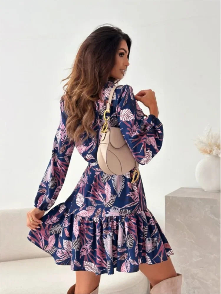Fashion Floral Print Shirt Dress Women 2023 Autumn Long Sleeve Elegant Office Ladies Clothes V-neck Lace Up Dresses For Women's - LUXLIFE BRANDS