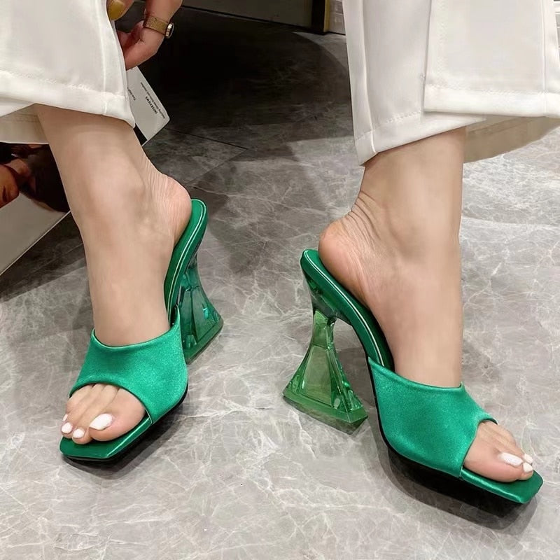 Summer Green Women&#39;s Shoes Slippers Silky Wide Band Transparent Strange High Heels Comfortable PU Leather Slides Sandals Pumps