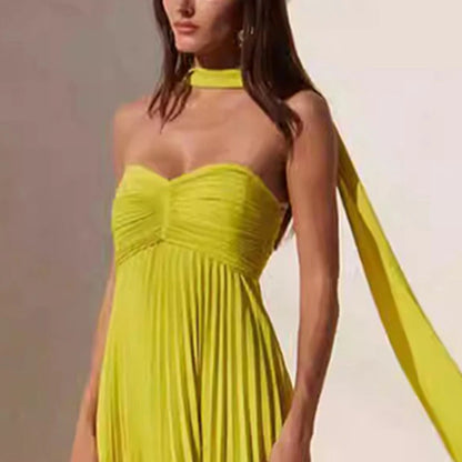 ONEINALL Solid Wedding Evening Long Dresses For Women Strapless Sleeveless Backless High Waist Elegant Folds Dress Female Summer