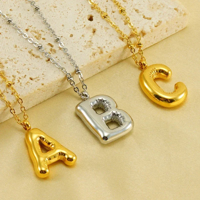 Vintage Stainless Steel Balloon Bubble Chunky Letter Necklace for Women 18K Gold Plated Initial Necklaces Collar Jewelry Gift LUXLIFE BRANDS