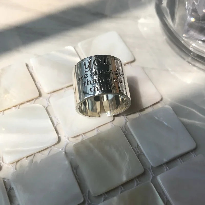 Real 925 Sterling Silver Personality Wide Letters Adjustable Retro Ring Fine Jewelry For Women Party Elegant Accessories
