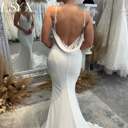 LSYX Deep V-Neck Sleeveless Crepe Mermaid White Wedding Dress 2023 Spaghetti Straps Backless Lace Bridal Gown Custom Made LUXLIFE BRANDS