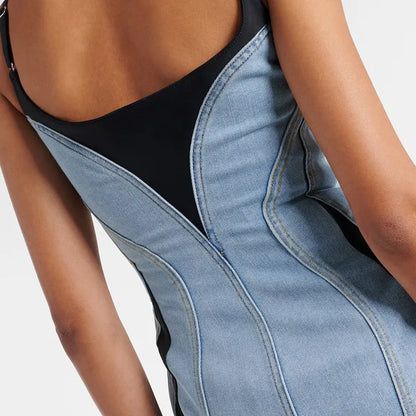 ONEINALL Streetwear Spliced Denim Women Mini Dresses Square Collar Sleeveless High Waist Tunic Hit ColorDress Female Clothes New