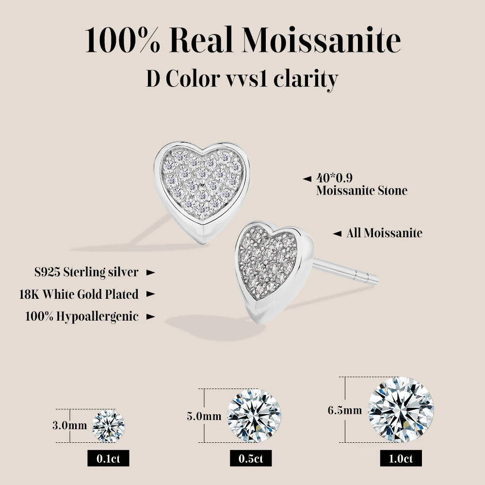 ATTAGEMS Full Moissanite Heart Earrings For Women Girls DVVS1 100% 925 Sterling Silver Sparkling Engagement Jewelry High Quality Luxlife Brands