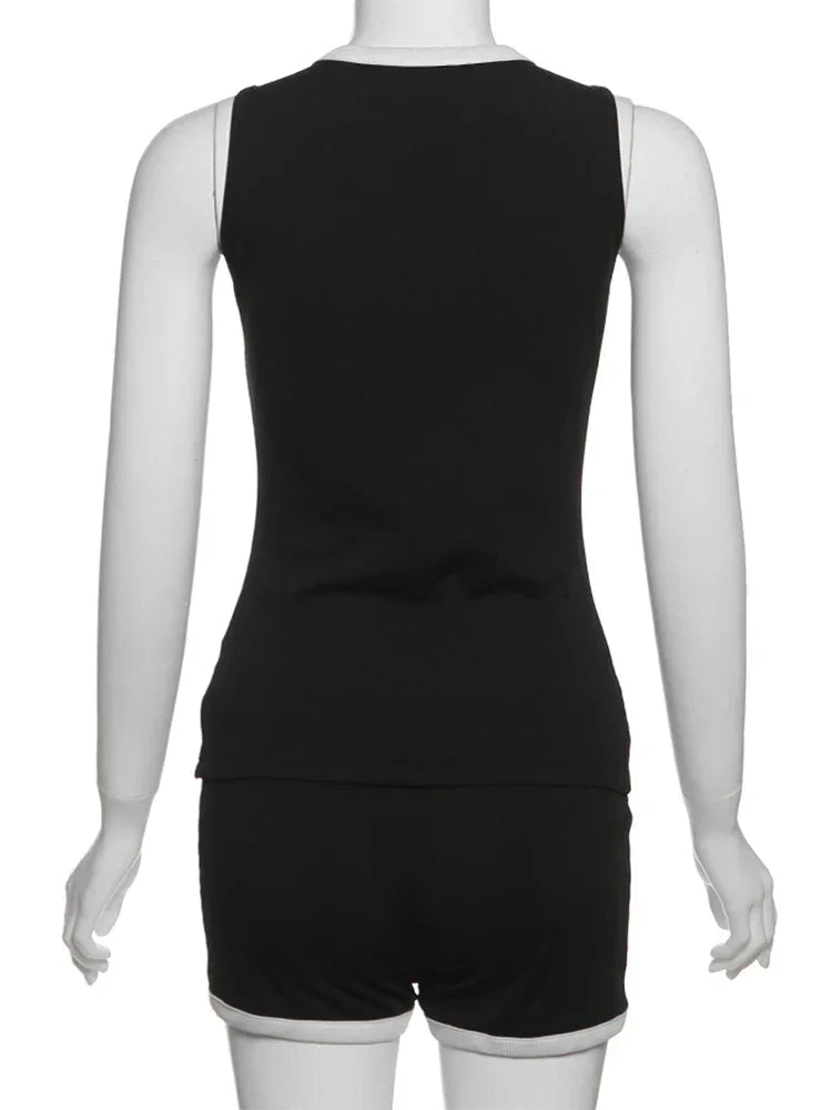 Cutenew Classic Women 2 Piece Set Trend Panelled Single Breasted Sleeveless Tanks+Elastic Waist Shorts Female Matching Outfits Luxlife Brands