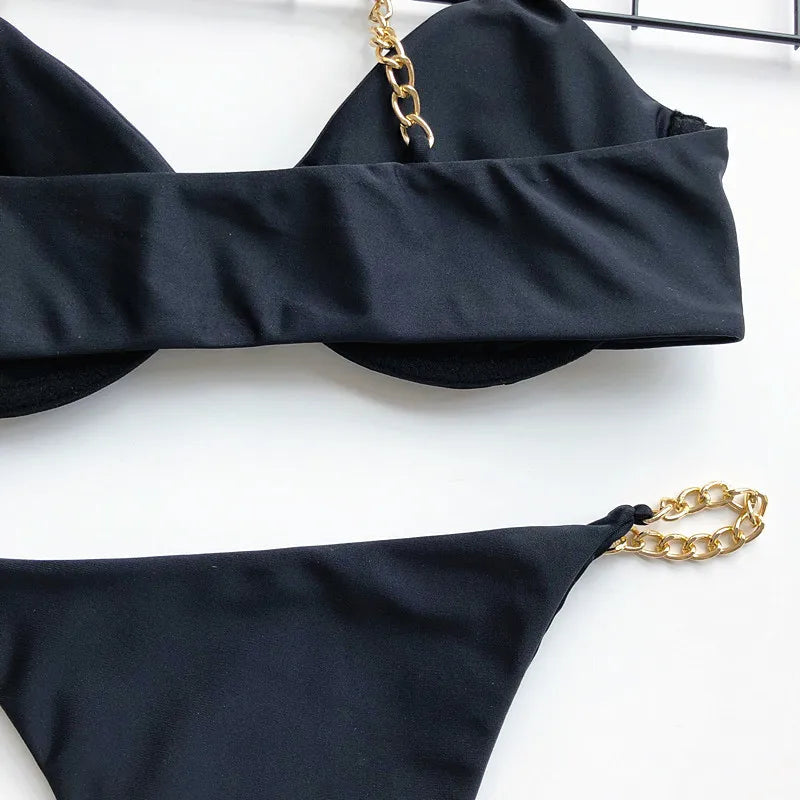Sexy Metal Chains String High Cut One Piece Swimsuit Women Swimwear Female Monokini Tummy Cut Out Bathing Suit Swim Beach Wear Luxlife Brands