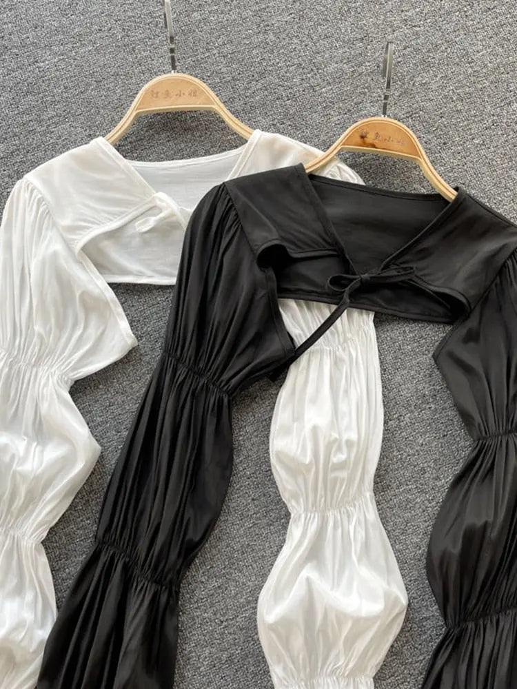 ZOKI Design Vacation Women Short Blouse Puff Sleeve Summer Beach Sun Protection Shirt Black White Fashion Casual Crop Tops New