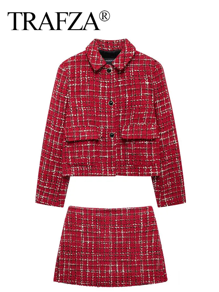 HH Women Fashion Red Texture Skirt Sets Single Breasted Lapel Jacket Coat Side Zipper Shorts Skirts High Street Lady Outfit