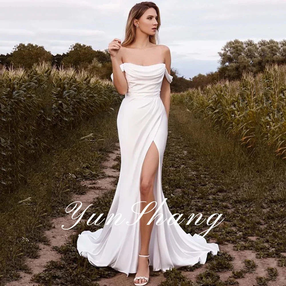 Sexy Mermaid Strapless White Wedding Dress With High Side Split Off The Shoulder Beach Backless Bride Gown Button Robe de mariée LUXLIFE BRANDS