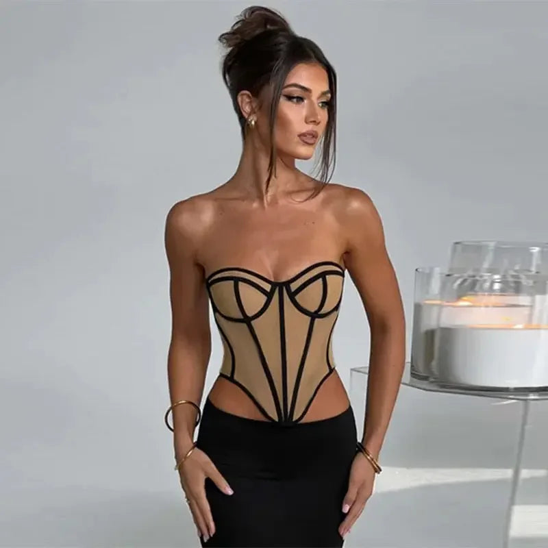 Sexy Slim Line Patchwork Sleeveless Corset Tops Women Backless Slight Stretch Summer 2023 Strapless Clothes Female Club Wear