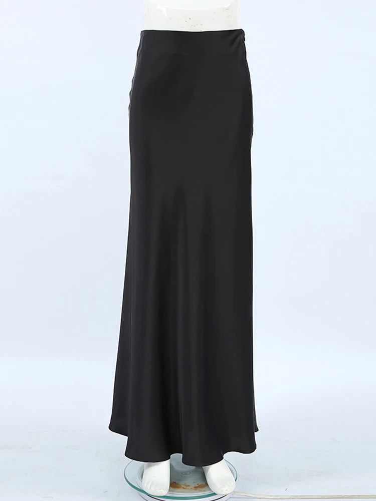 Satin High Waist Flare Long Skirt